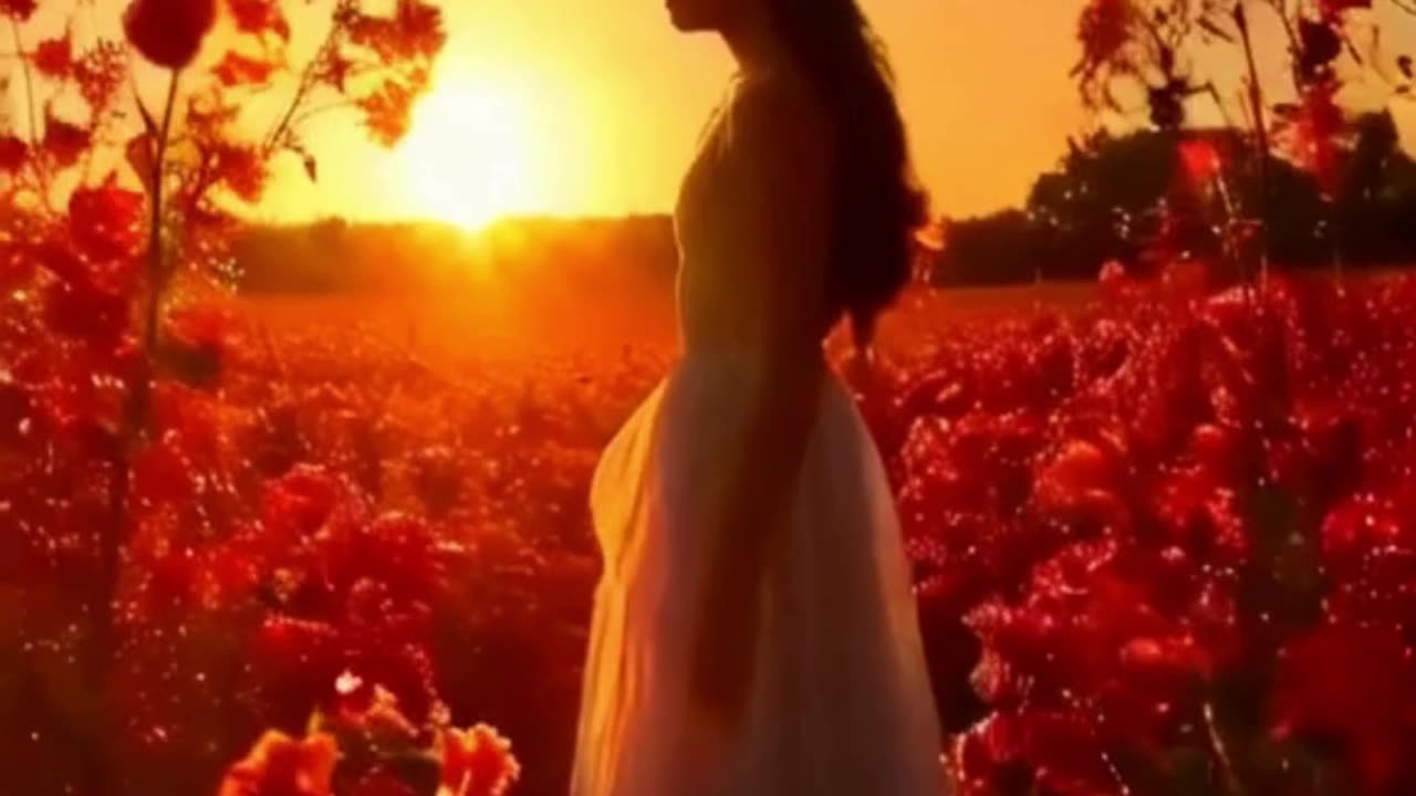 Girl in the fields with red flowers