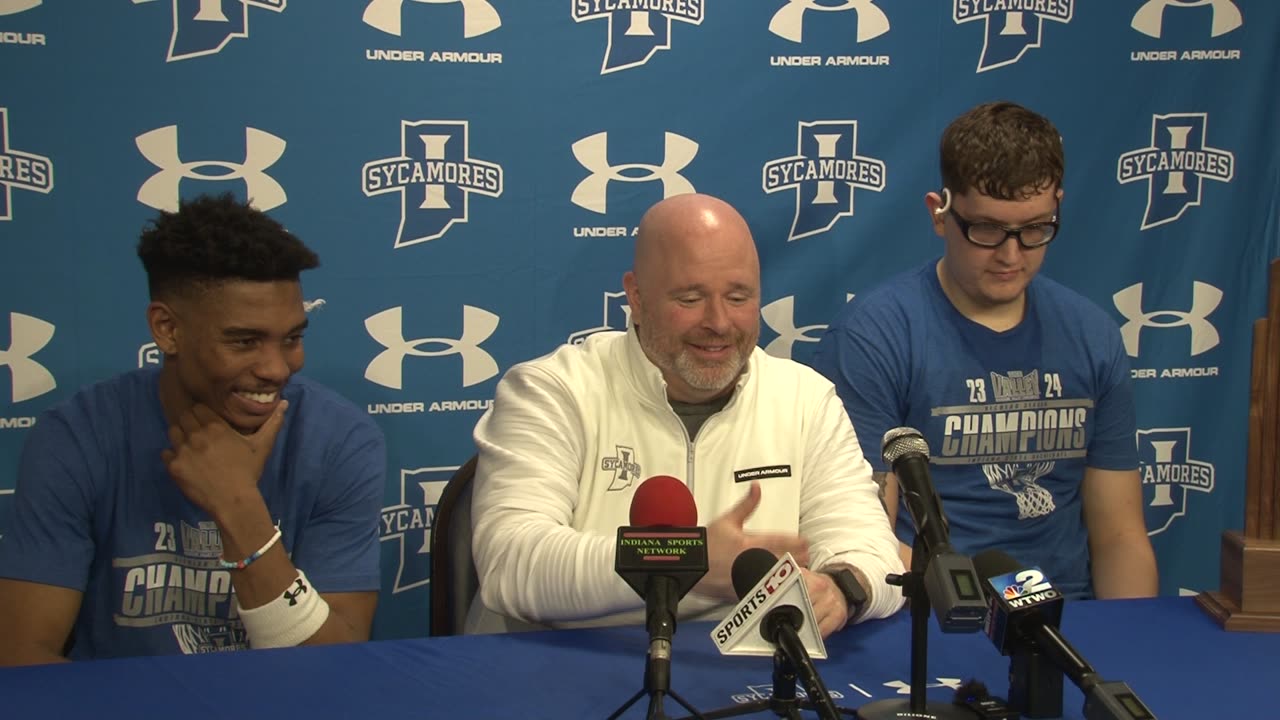 Indiana State PostGame Coach Schertz, #1Julian Larry, & #21Robbie Avila 89-77 Over Murray St. Part 2