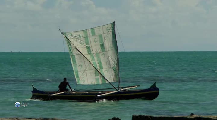 Ocean fishermen are fishing on a catamaran