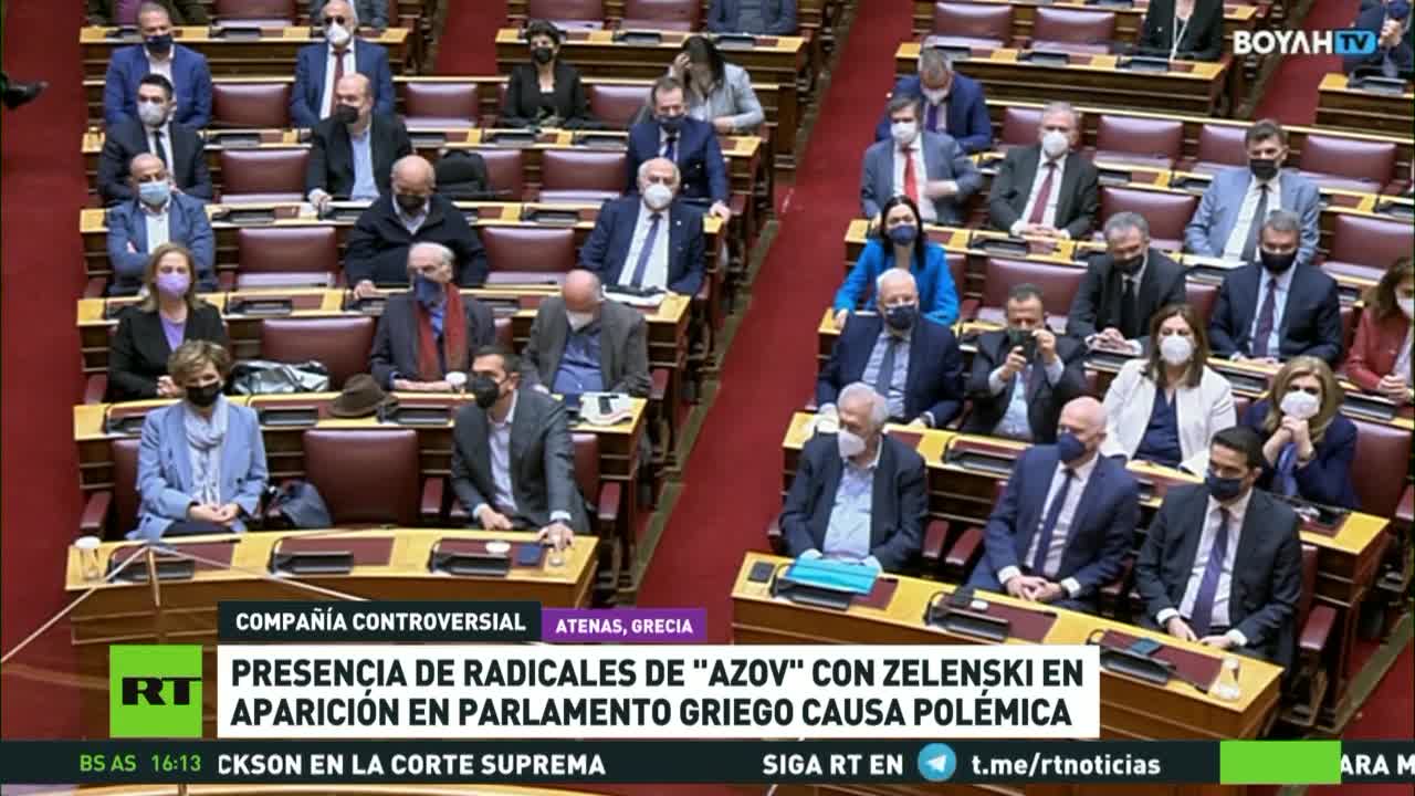 il capo sionazista Zelenskyler dà la parola a un nazista del battaglione Azov nel suo discorso di fronte al Parlamento greco.ciò ha provocato indignazione ad Atene. I deputati di varie alleanze politiche hanno persino lasciato la stanza.