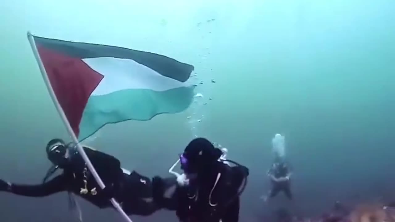 2 divers holding a flag of Palestine underwater