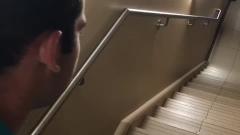 Blue shirt guy jumps down stairs falls down