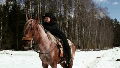 girl cowboy sitting on a horse in winter