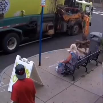 Rochester NY garbage truck picking up city trash can pulls bus stop and woman