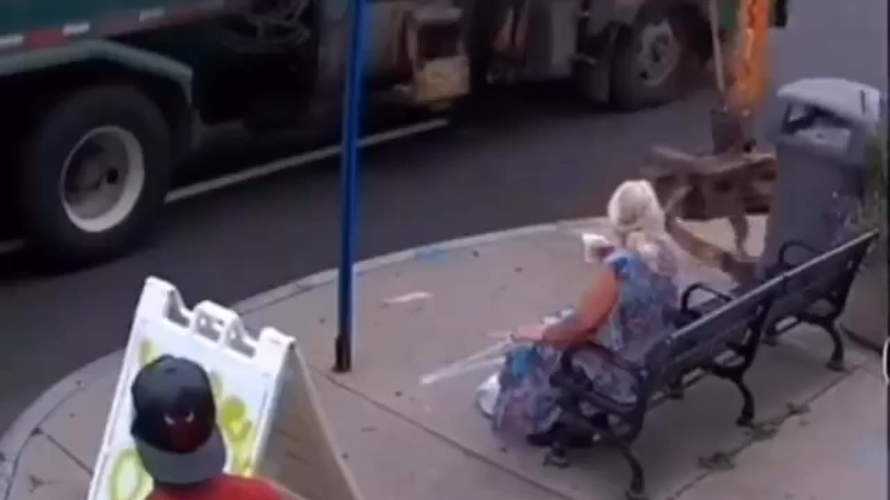 Rochester NY garbage truck picking up city trash can pulls bus stop and woman