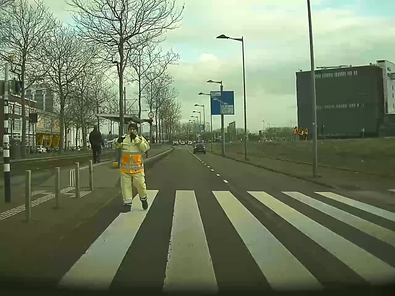 Tesla Emergency Braking at Pedestrian Crossing