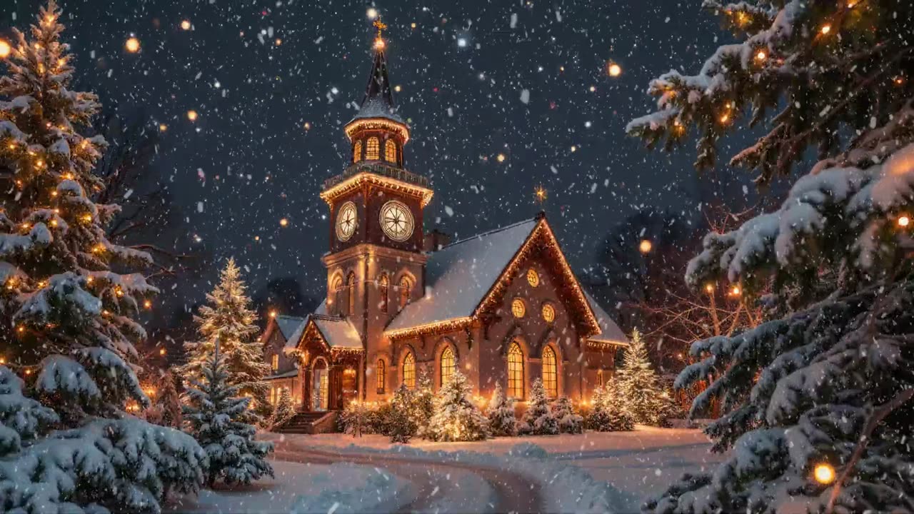 Snowy Christmas Eve Peaceful Church Ambience with Warm Lights