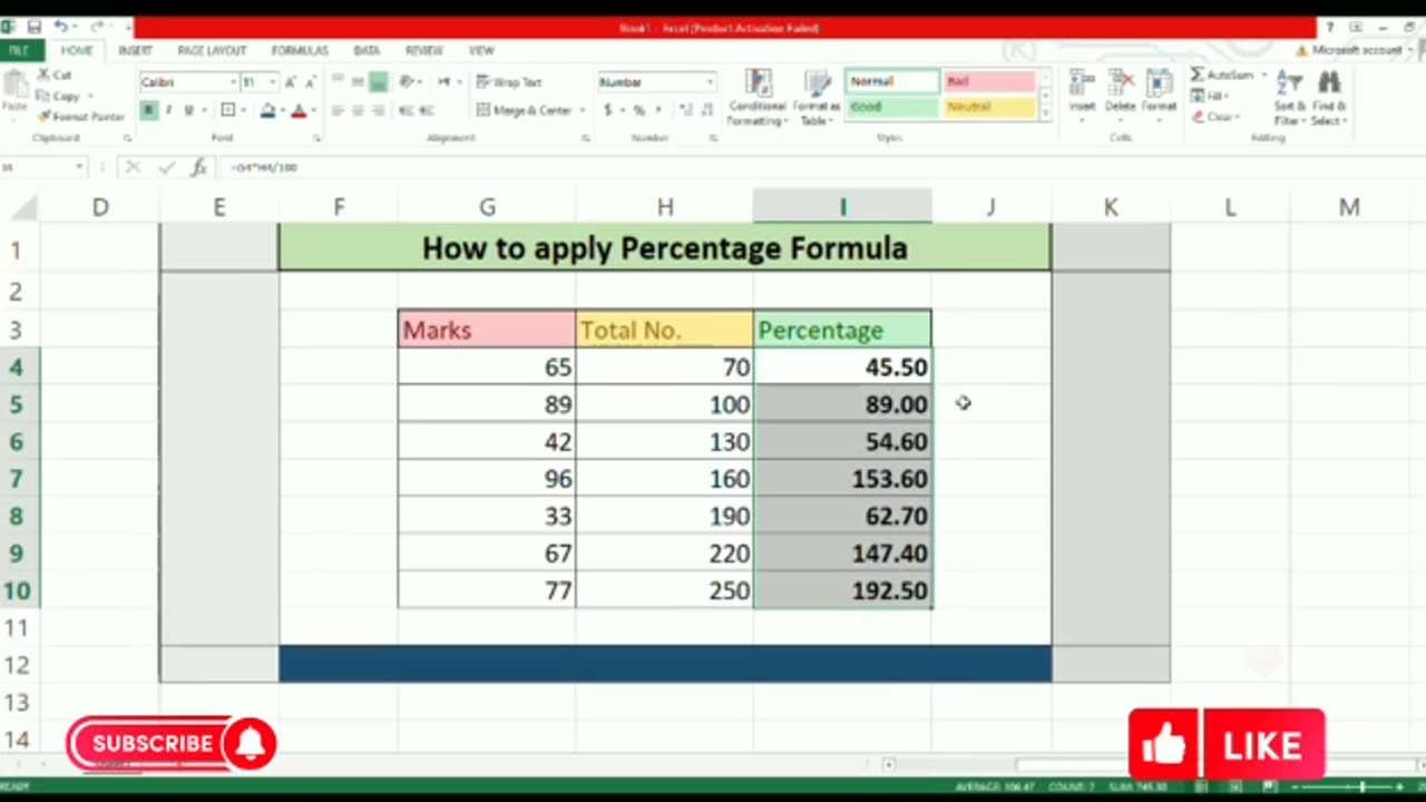 How to apply Percentage formula excel?