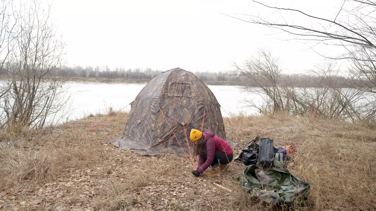 Winter SOLO camping in a HOT tent along the river ASMR