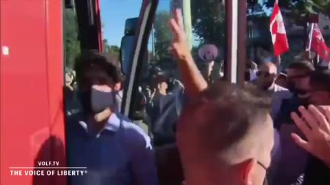 Trudeau Hit By Gravel While Boarding Bus In Ontario