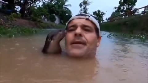 Man greeted by a baby otter in the water..🦦🌊😊