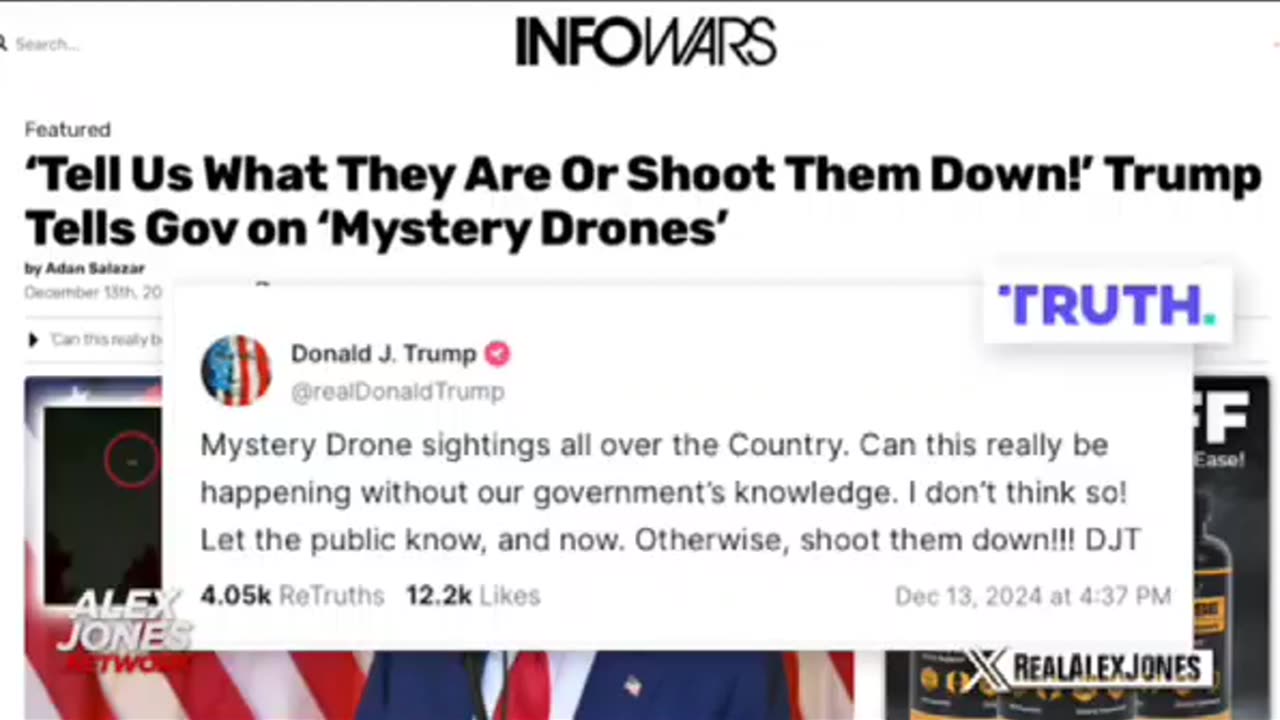 BREAKING🚨ALEX JONES IN RESPONSE TO TRUMP CALL TO SHOOT DOWN THE DRONES‼️