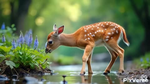 A young buck by the river smelling a flower 2
