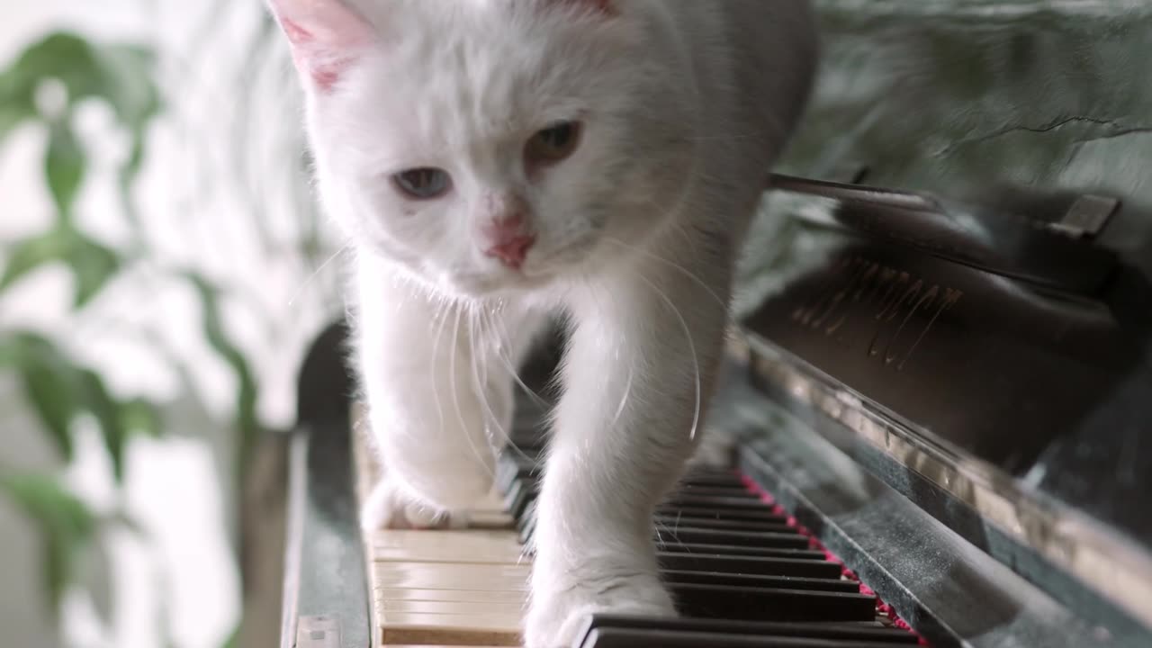 White Cat Serenades on the Piano: A Musical Feline Performance