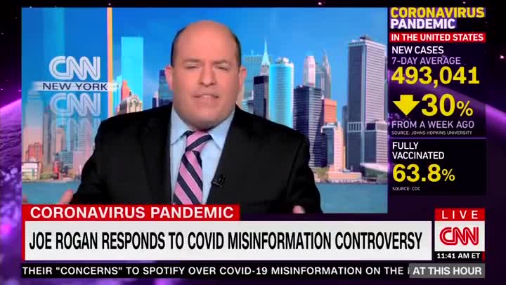 Brian Stelter says trusting Joe Rogan over “newsrooms like CNN” that "work hard on verifying information on COVID-19" is “a problem that’s much bigger than Spotify...”