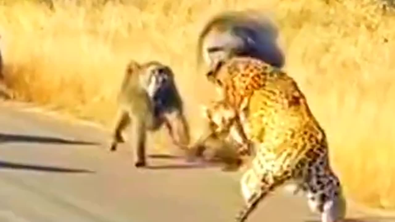 "Monkey Ambush: Epic Group Defense Against Leopard Attack"