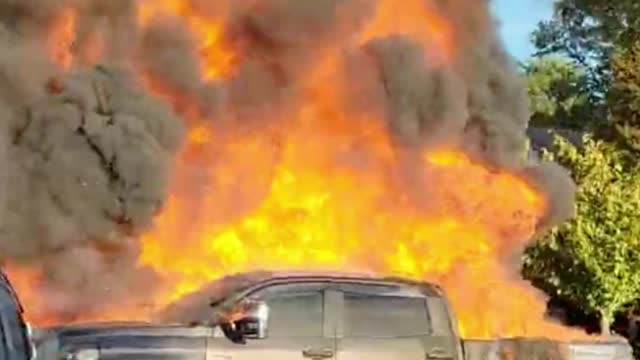 Parked pickup that burst into flames was hit by Jeep_ 'This stuff only happens in movies