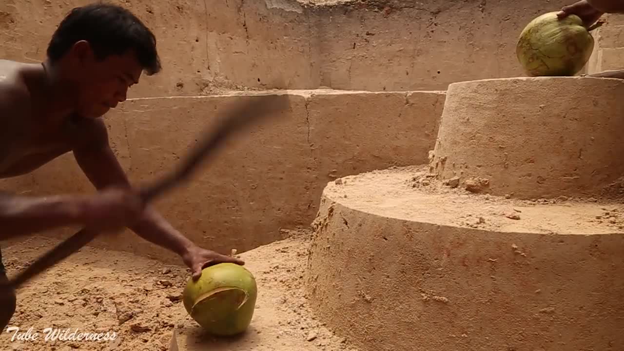 Build Underground Tunnel House and Palm Swimming Pool& Leaf Bathtub