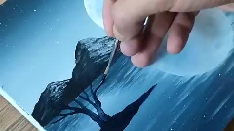 Red Tree Black and White Painting full Moon Acrylics painting for Beginner