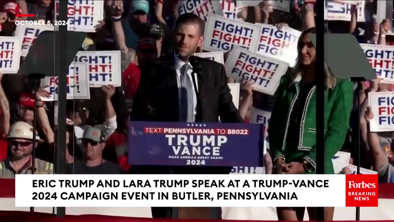 JUST IN- Eric Trump And Lara Trump Speak At Campaign Rally In Butler, Pennsyvlania
