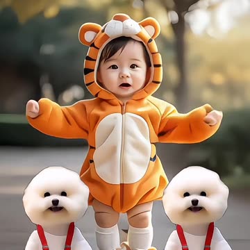 Cute dog and cute baby dancing together