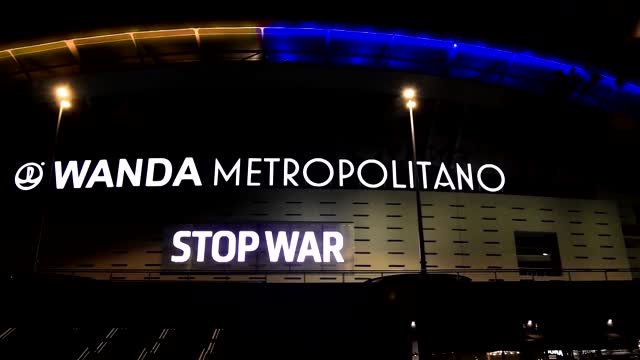 Atletico Madrid's stadium lights up in Ukrainian flag