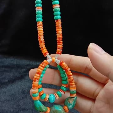 Natural turquoise and orange spiny oyster roundle beads handmade necklace Meaningful04