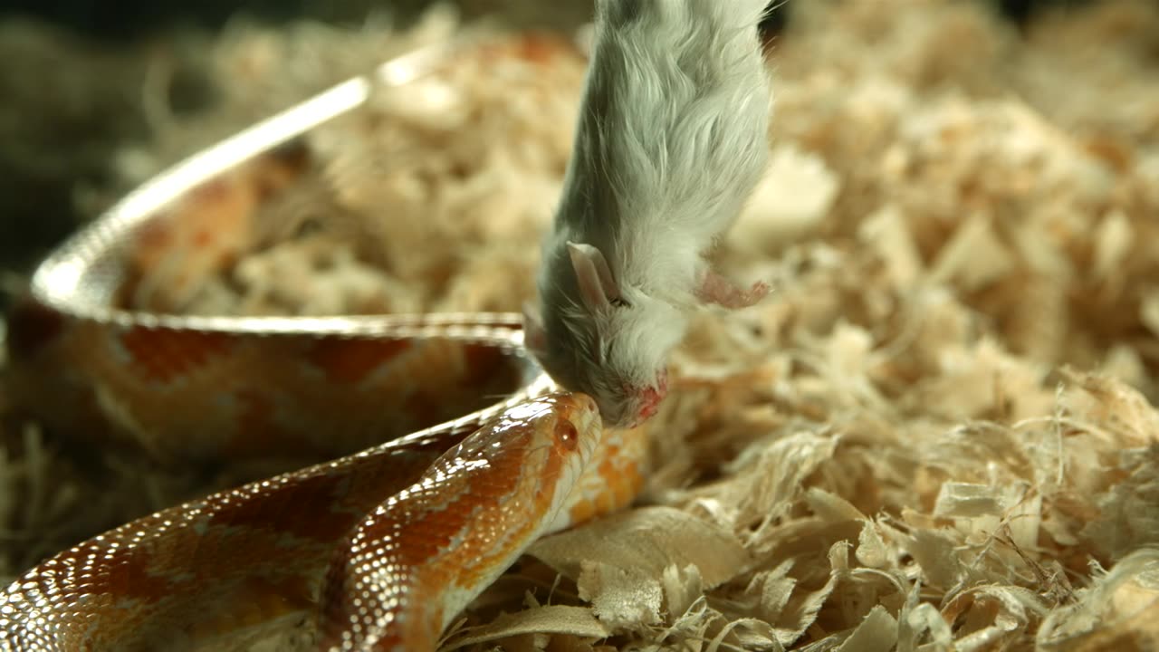 Snake attacking a dead mouse