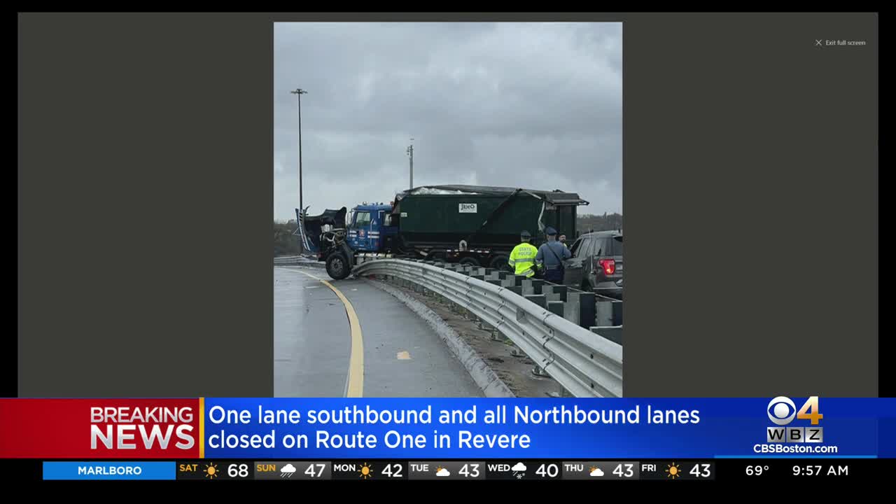 Trash truck crashes into guardrail on Route 1 in Revere