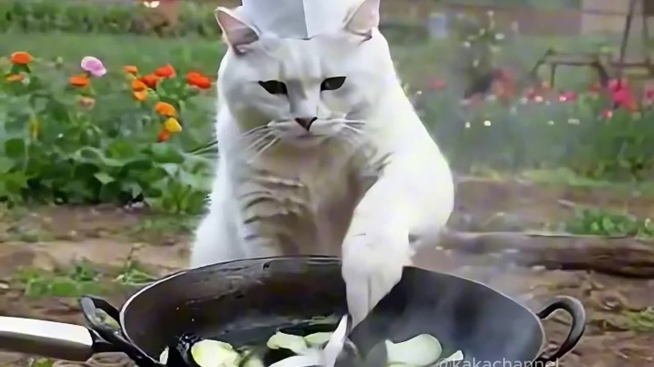 The cat cooks. Let's eat together.