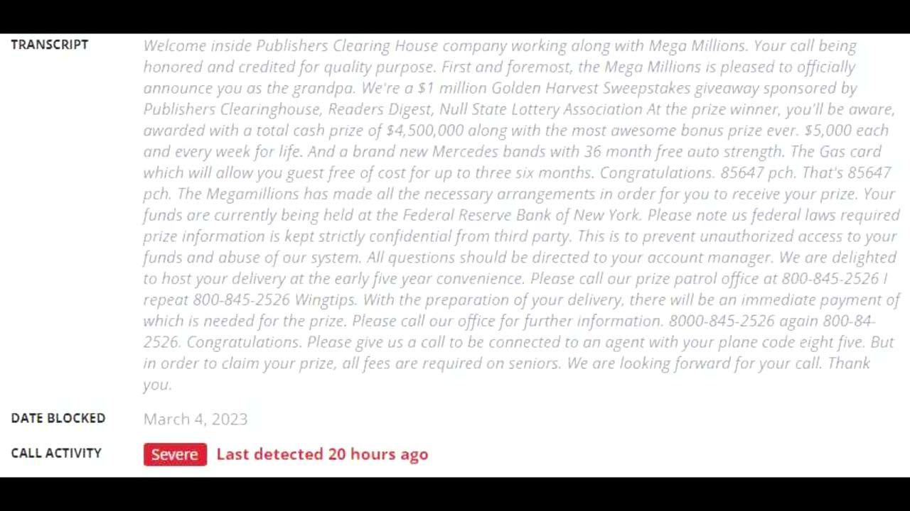 Outgoing Call To Alleged Publishers Clearing House (PCH), 800-845-2526, May 20, 2023