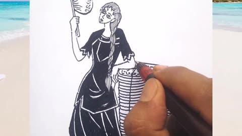 #drawing in progress. A Fan Girl. Selling fans made out of palm leaves