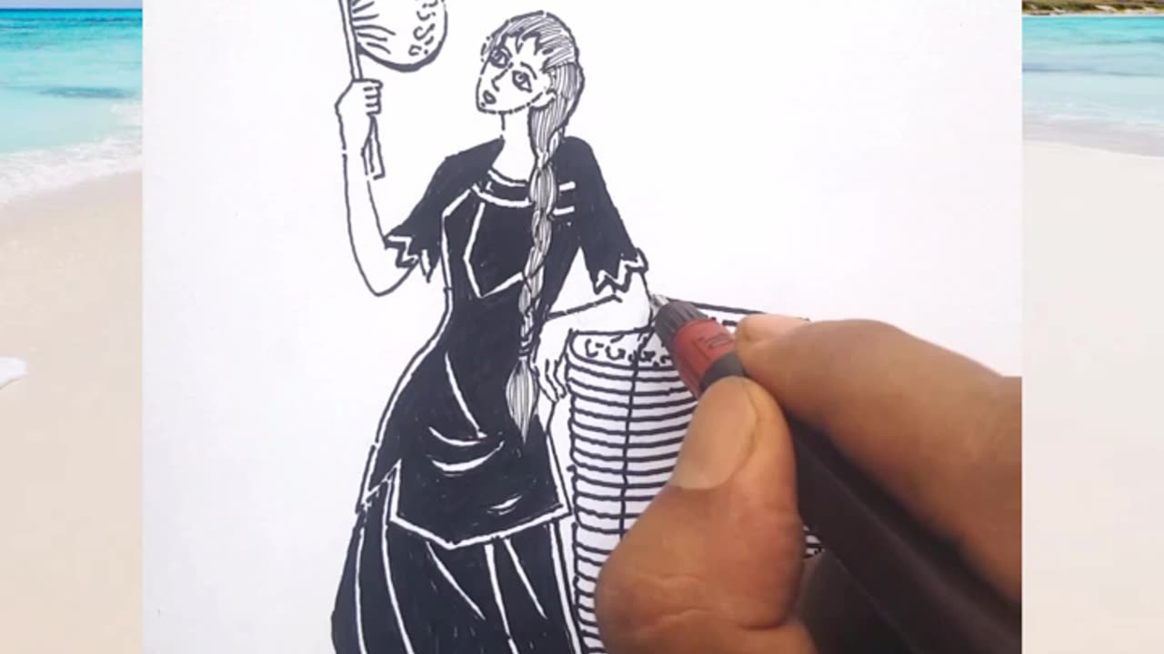 #drawing in progress. A Fan Girl. Selling fans made out of palm leaves