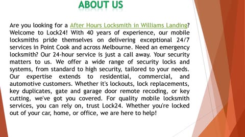 Are you looking for a After Hours Locksmith in Williams Landing?