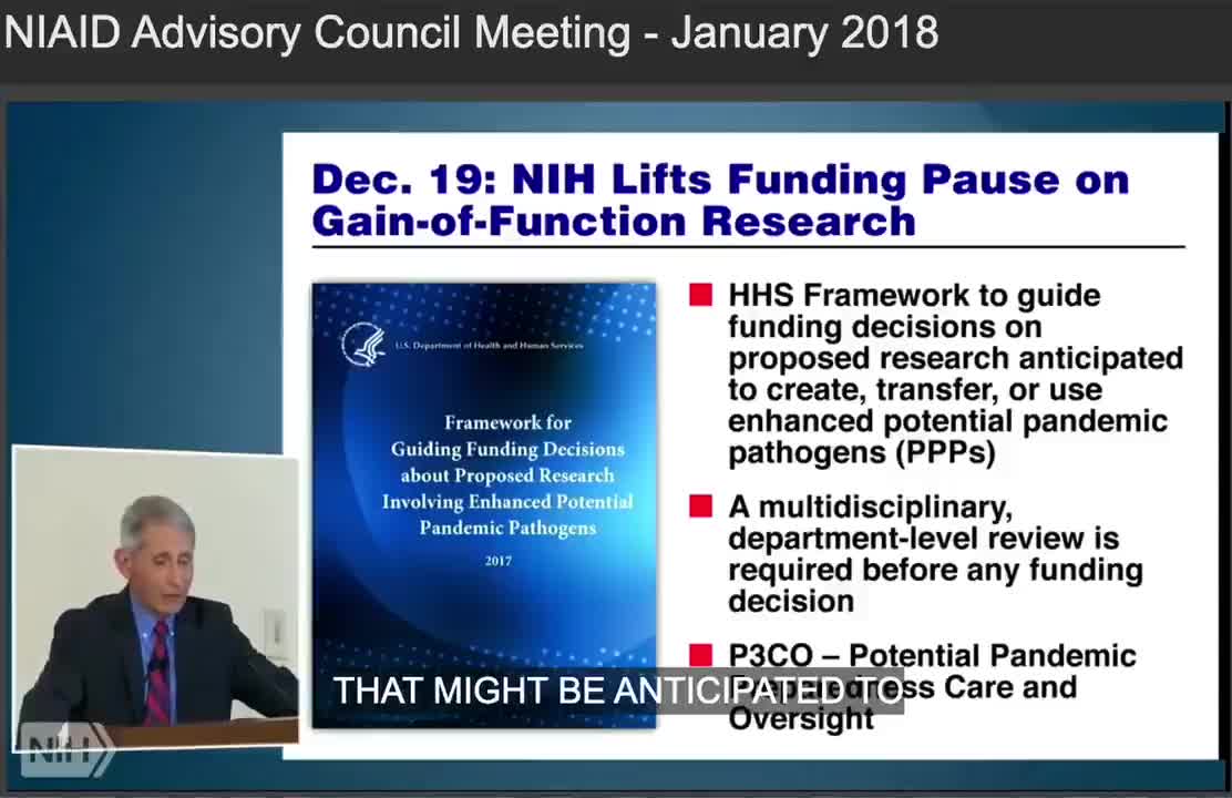 Fauci announcing the NIH lifted its funding pause on gain-of-function research