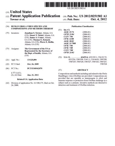 US Dept of HHS and the CDC Patented Bioweaponized Human-Ebola Virus October 2012