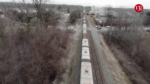 Drone video shows derailed train in Michigan