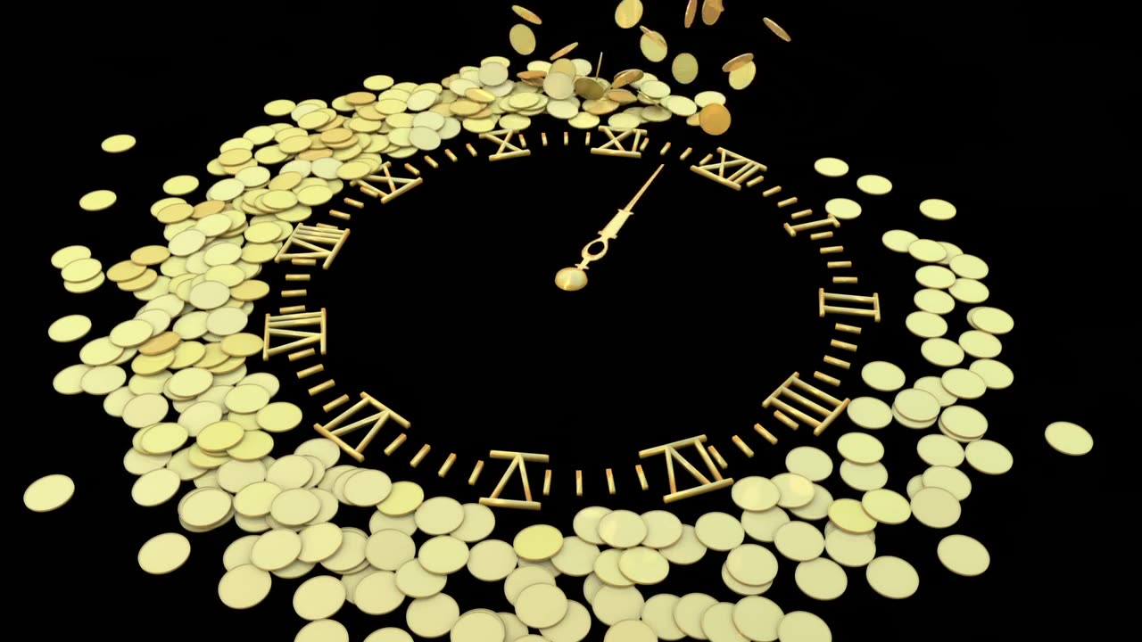 Roman numbers clock and golden coins