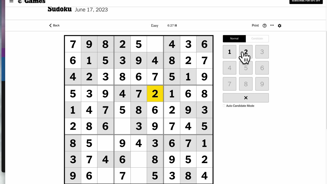 Sudoku 2023-06-17 easy. Featuring my wife :)