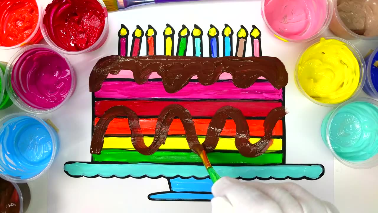 Painting a Colorful Birthday Cake for Babies Children to Inspire to Color with Paint