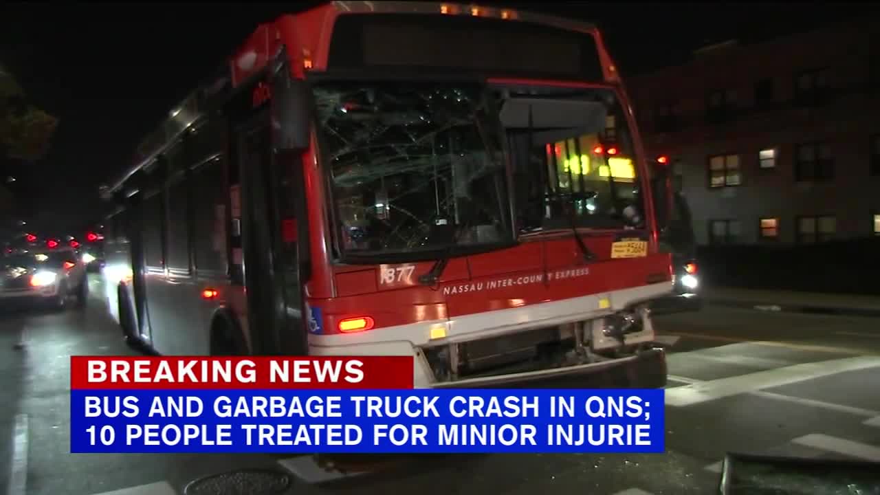 10 hurt after bus collides with garbage truck in Queens