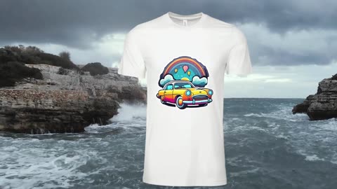 Classic kids car, rainbow background