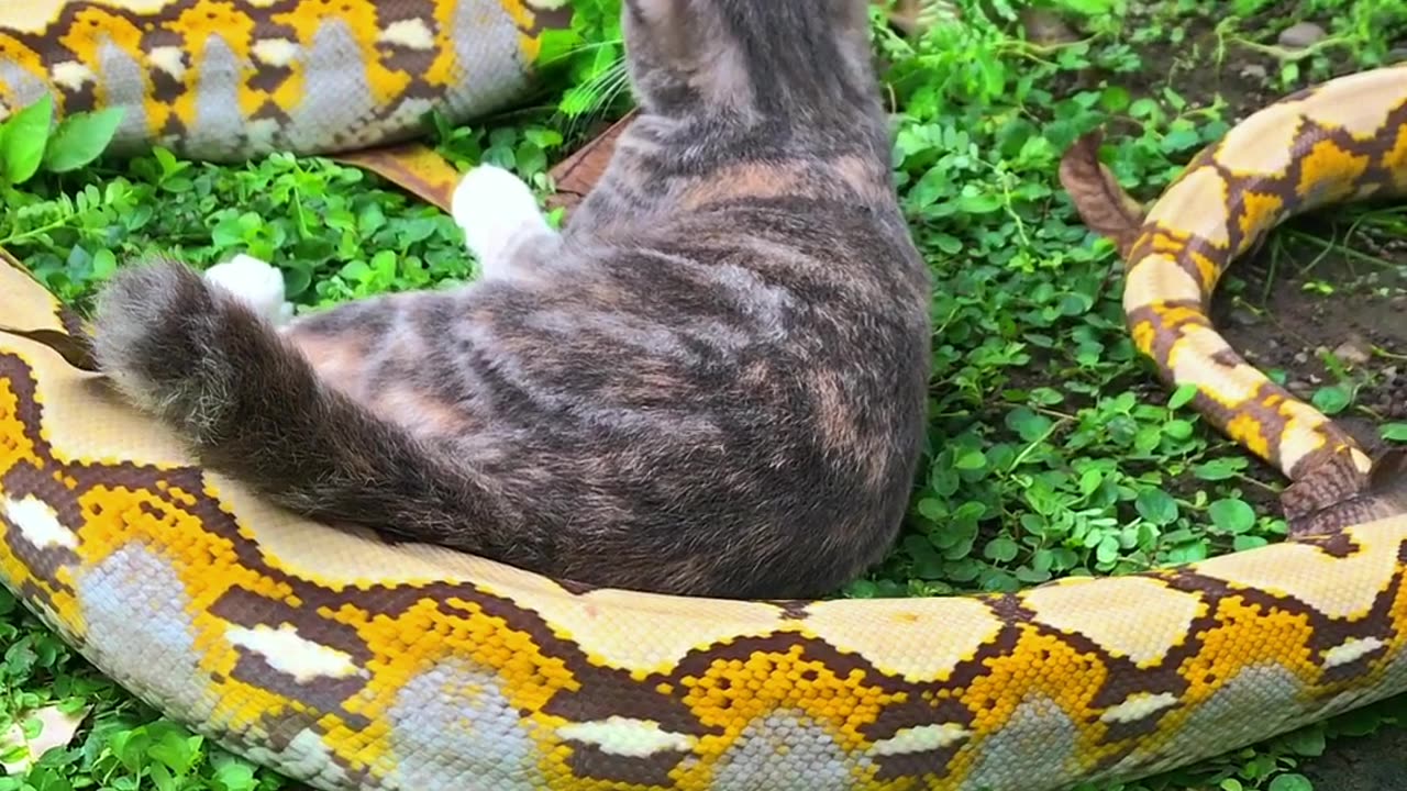 A sunny day is the time for cats and snakes to play in the yard