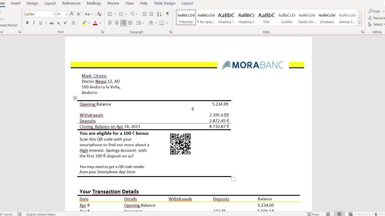 Andorra MoraBank banking statement template in Word Excel and PDF format