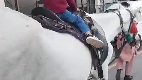 Three years girls bravely riding on the horse