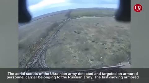 Kamikaze drone strikes a fast-moving Russian armored personnel carrier