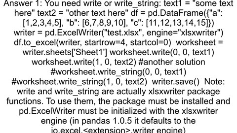 Write stringstext and pandas dataframe to excel