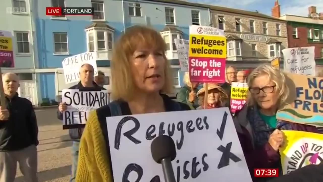 Locals demonstrating against the Bibby Stockholm barge. Lets help them