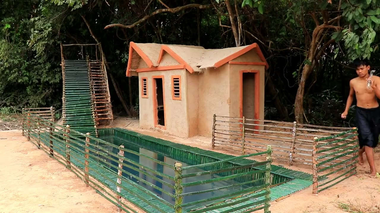 Build Amazing Bamboo Slide Around Near Mud House