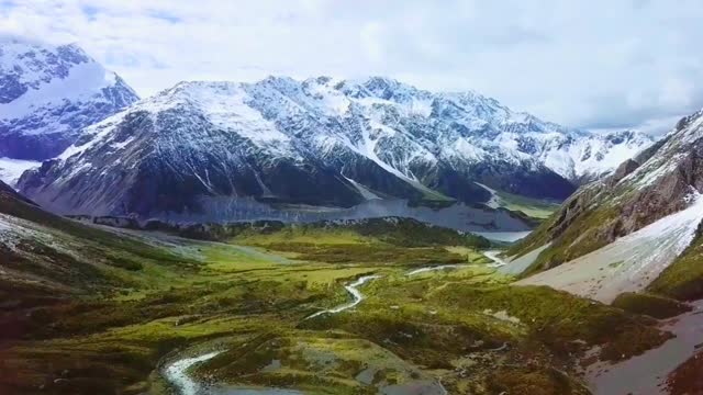 green forests and snow-capped mountains